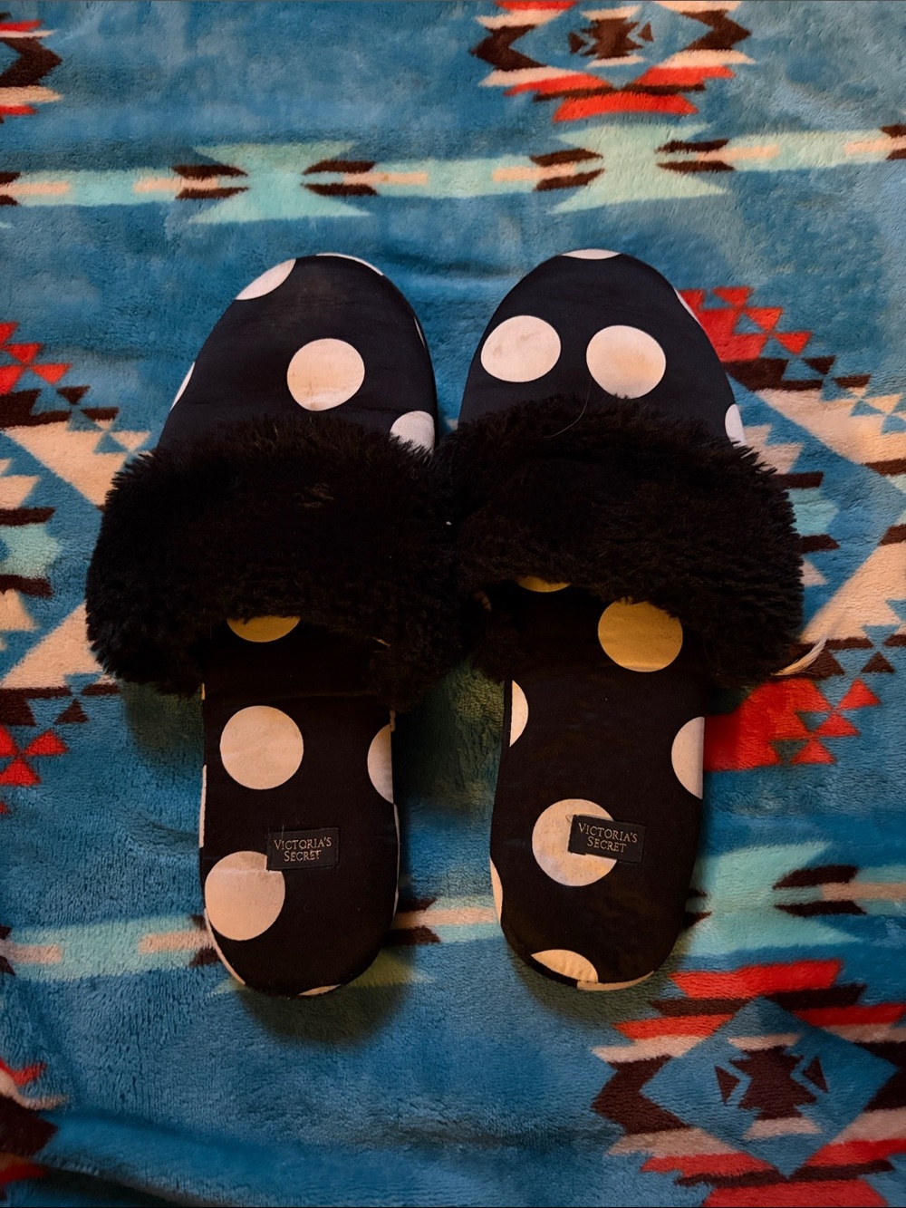 Victoria's Secret Black and White Polka Dot Faux-Fur Slide Slippers